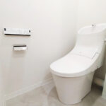 白を基調とした空間に設置されたトイレ。温水洗浄便座に新規交換。