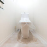 ホワイトを基調とした明るく清潔感のある空間に設置されたトイレ。温水洗浄便座のついたものに交換。(内装)