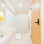 白を基調とした明るい空間に三面鏡キャビネット付の洗面台が設置されている。(内装)